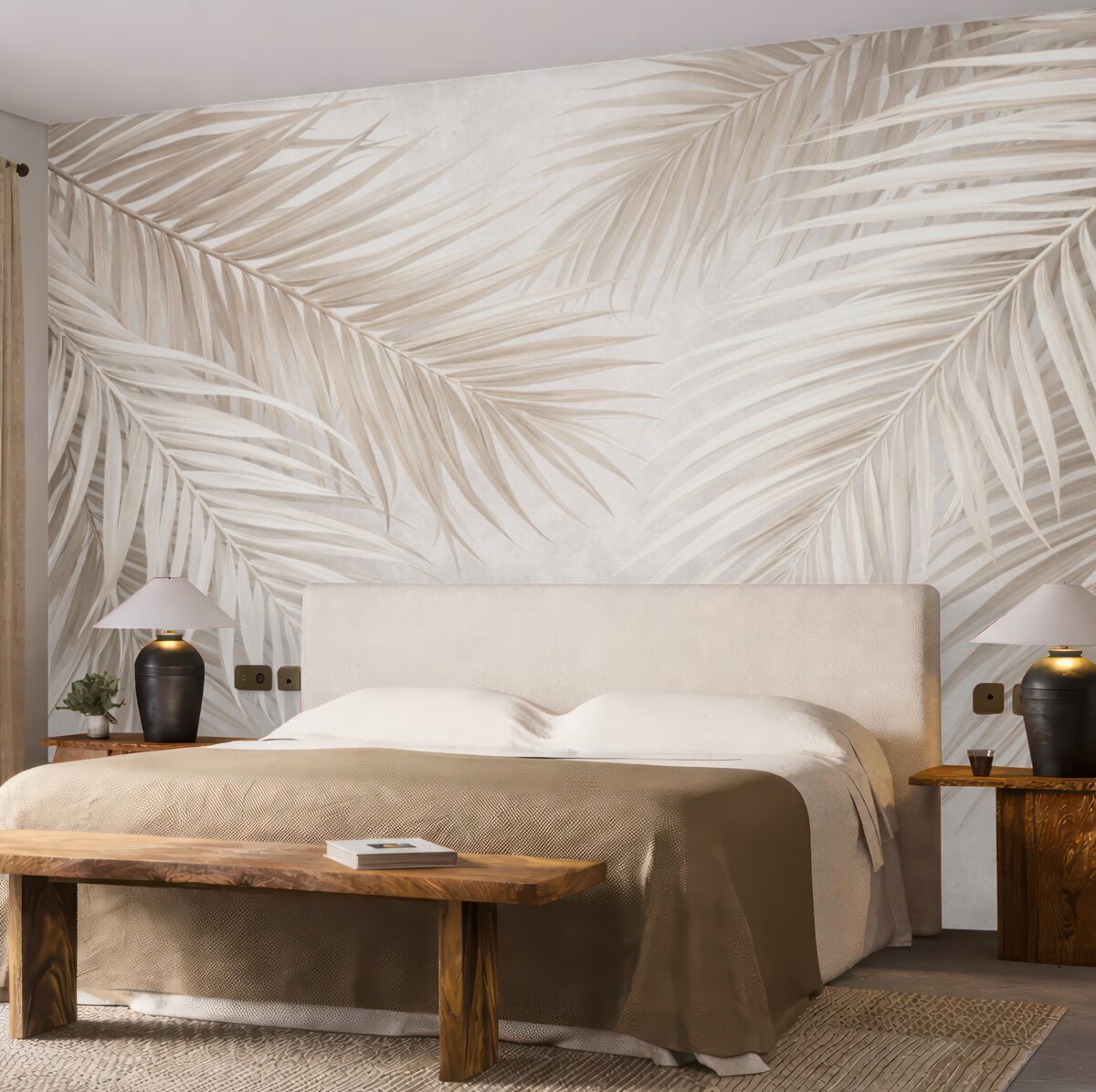 Fototapeta Liście palmowe w jasnych tonach beżu i bieli, tropikalne liście, subtelne pastelowe barwy, minimalistyczna estetyka.