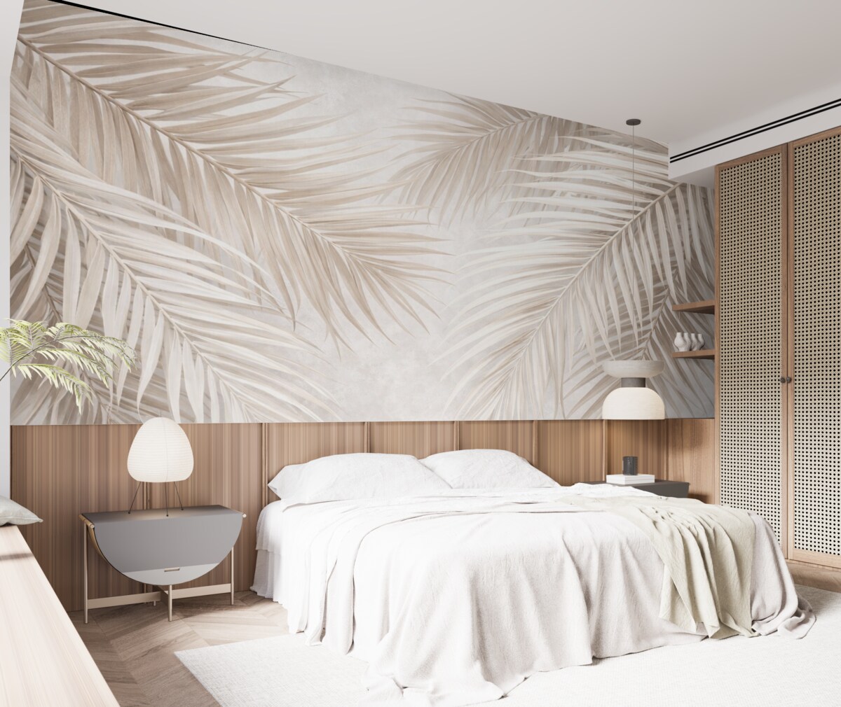 Fototapeta Liście palmowe w jasnych tonach beżu i bieli, tropikalne liście, subtelne pastelowe barwy, minimalistyczna estetyka.