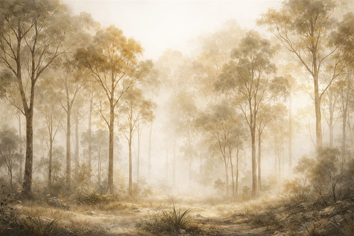 Fototapeta Las w technice akwareli z wysokimi jasnymi drzewami w tonach beżu i żółci, z mglista aurą.