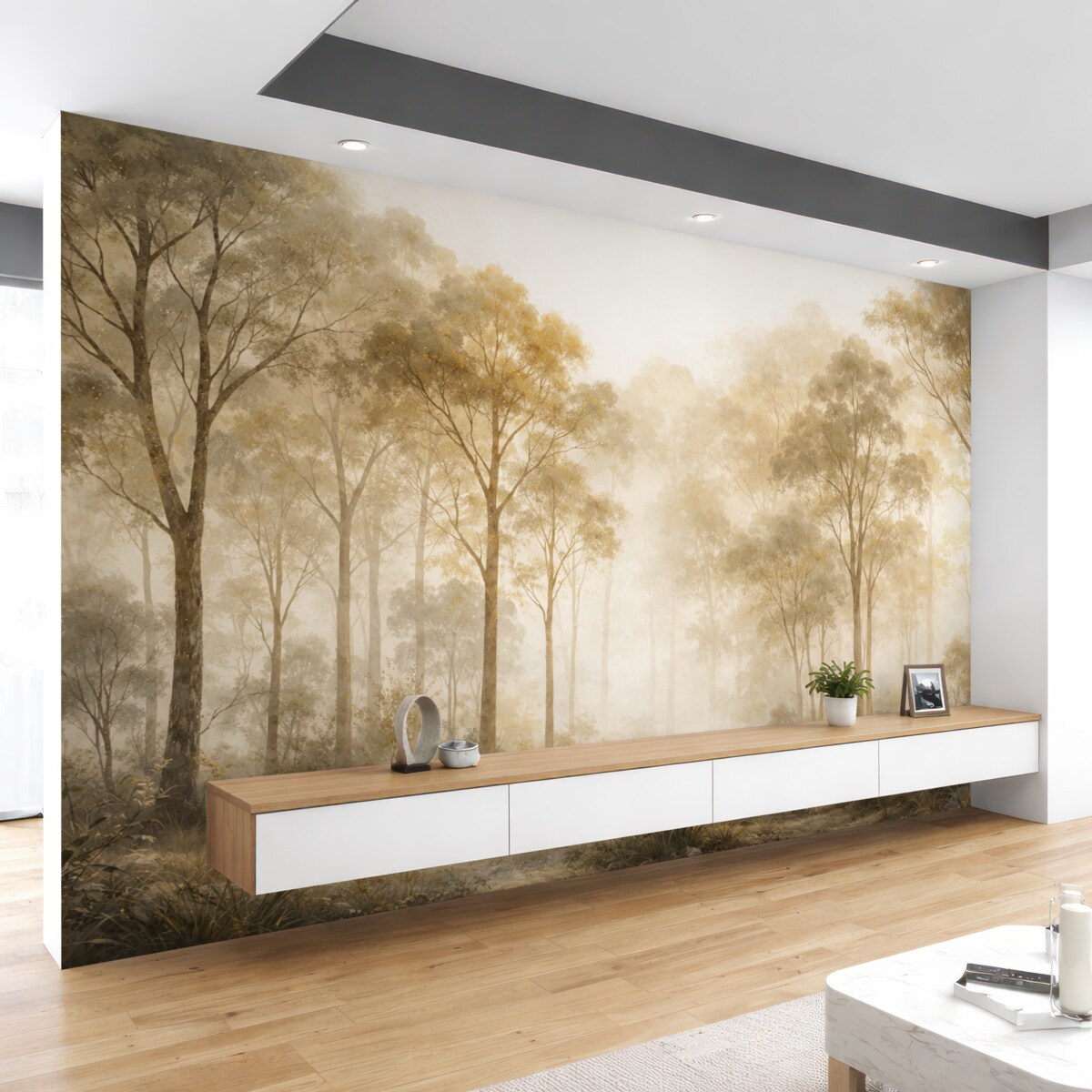 Fototapeta Las w technice akwareli z wysokimi jasnymi drzewami w tonach beżu i żółci, z mglista aurą.