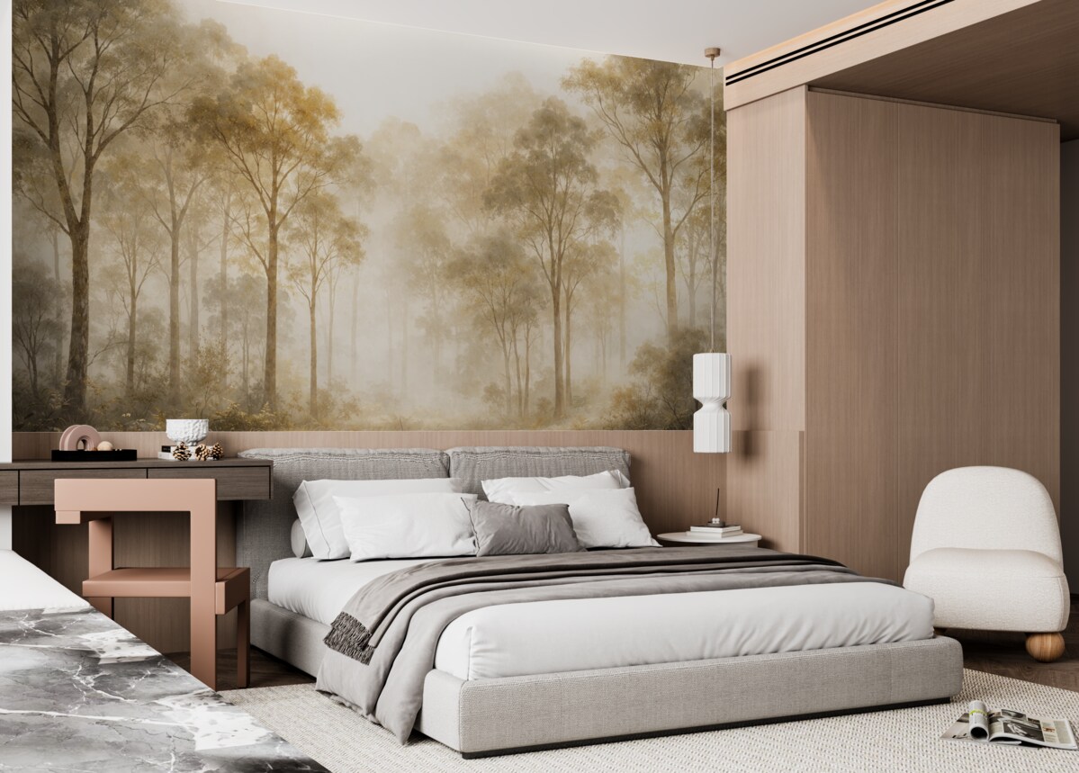 Fototapeta Las w technice akwareli z wysokimi jasnymi drzewami w tonach beżu i żółci, z mglista aurą.