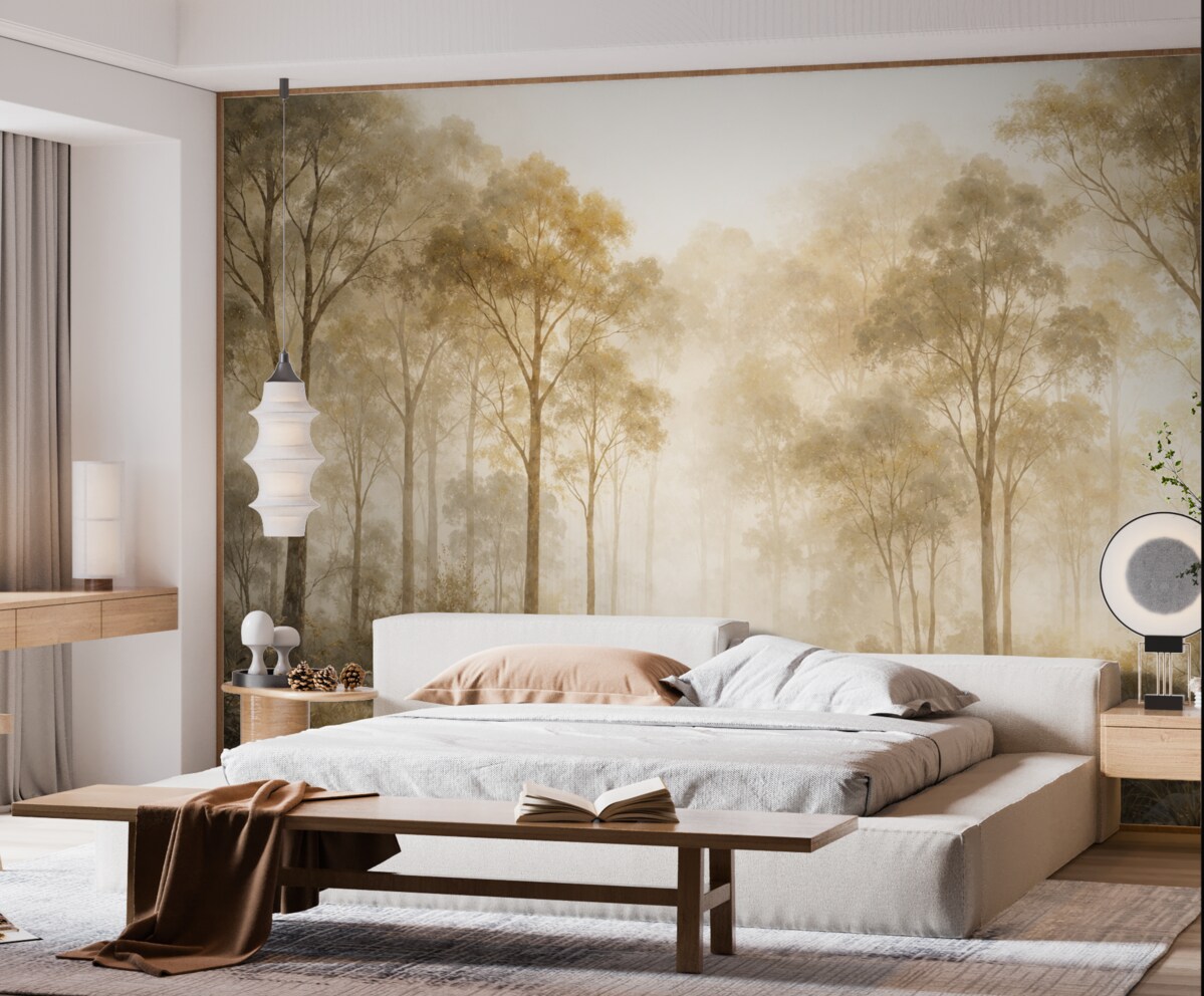 Fototapeta Las w technice akwareli z wysokimi jasnymi drzewami w tonach beżu i żółci, z mglista aurą.