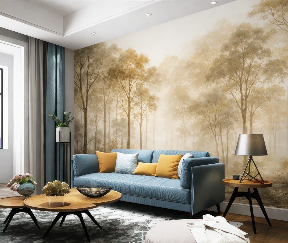 Fototapeta Las w technice akwareli z wysokimi jasnymi drzewami w tonach beżu i żółci, z mglista aurą.