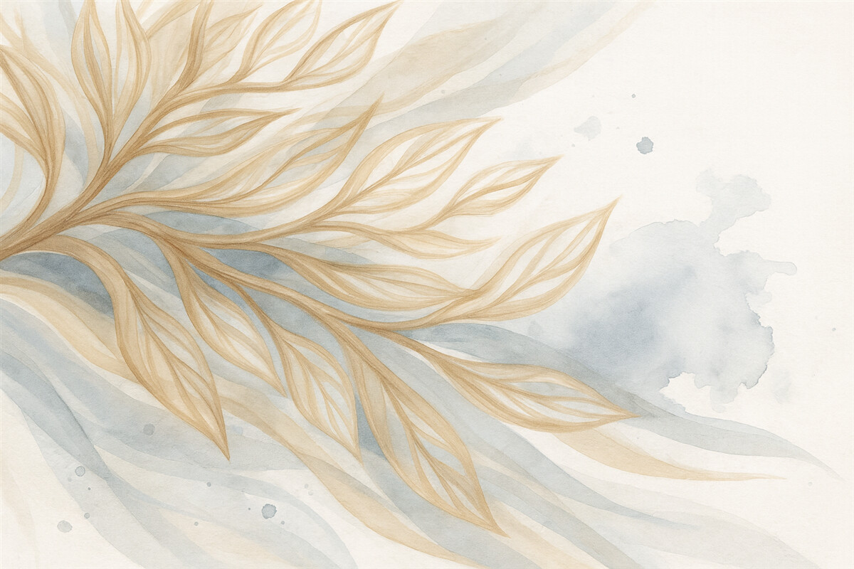 Fototapeta Abstrakcyjne żółte liście na niebieskim tle akwarelowym, miękkie oraz subtelne, organiczne formy, płynne kontury.