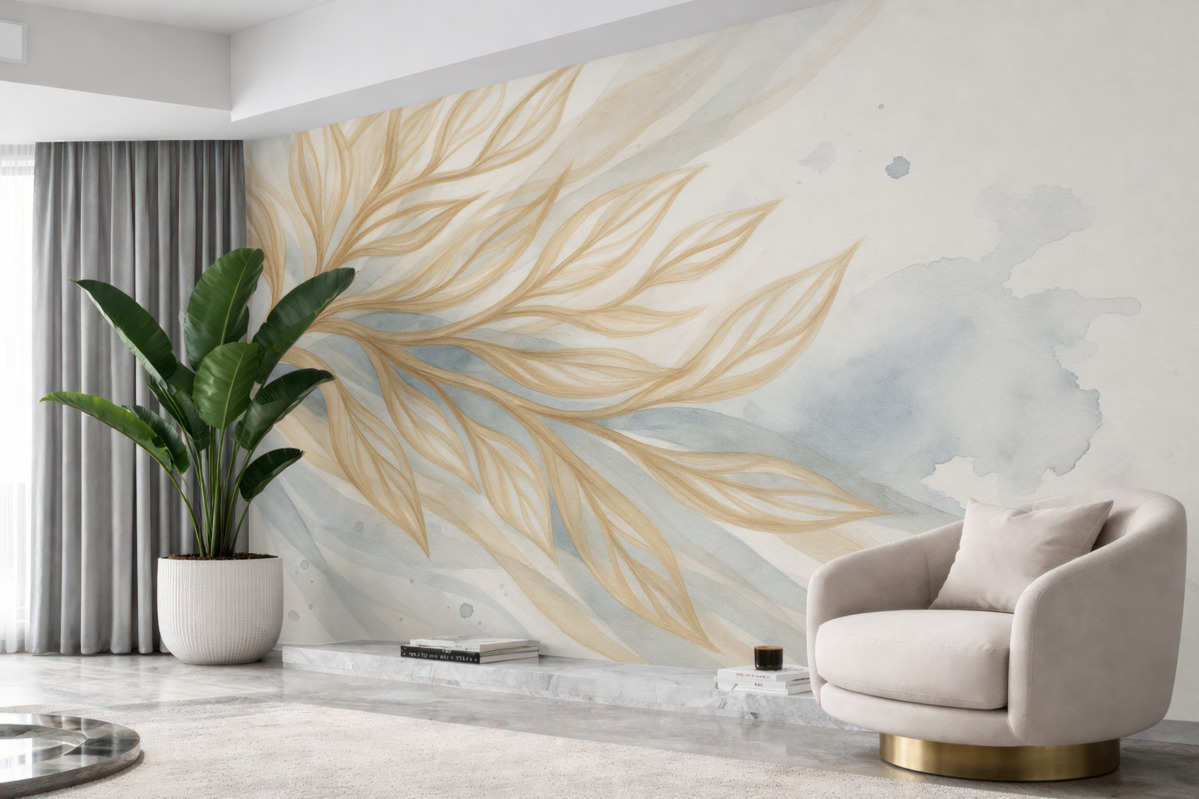 Fototapeta Abstrakcyjne żółte liście na niebieskim tle akwarelowym, miękkie oraz subtelne, organiczne formy, płynne kontury.