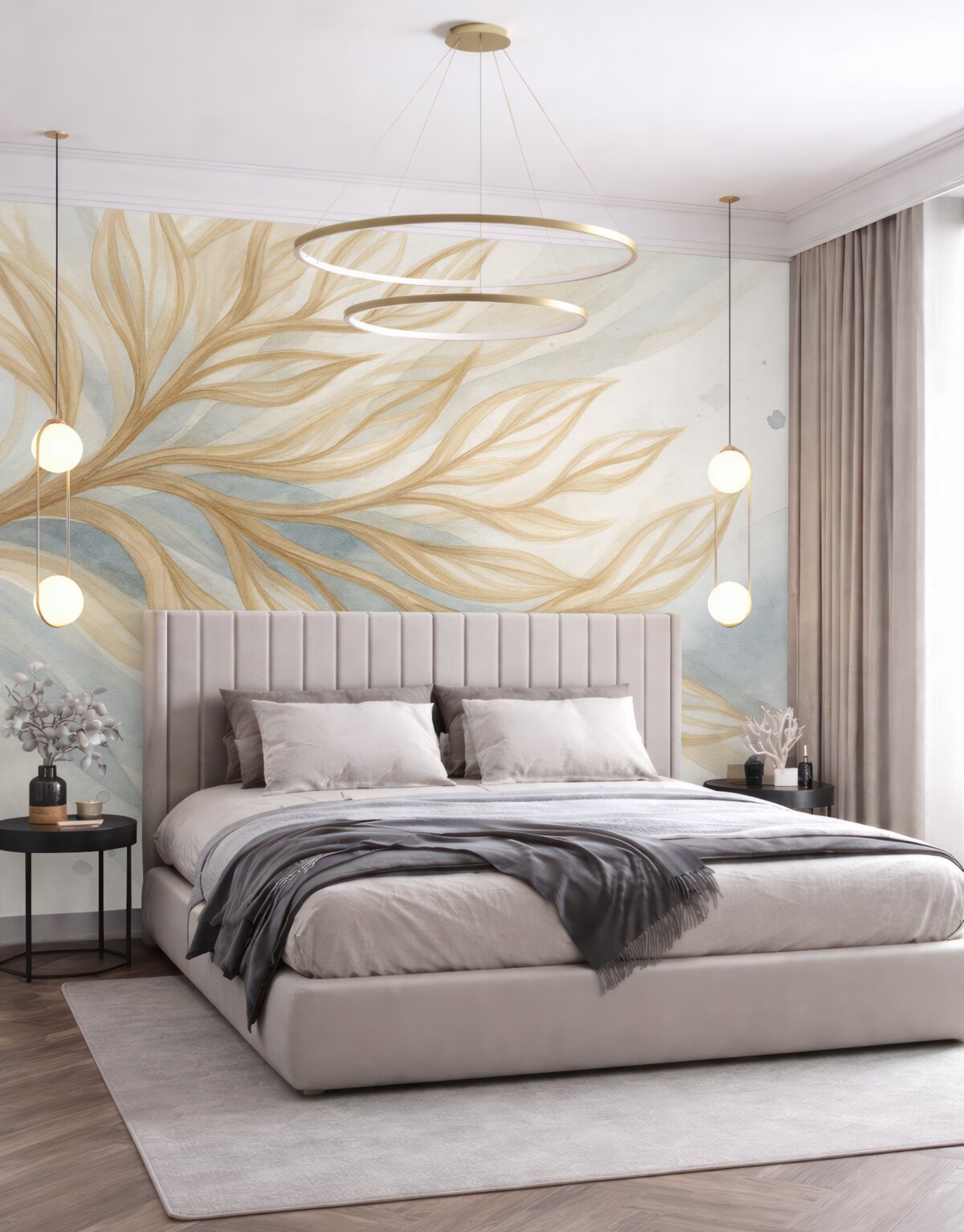 Fototapeta Abstrakcyjne żółte liście na niebieskim tle akwarelowym, miękkie oraz subtelne, organiczne formy, płynne kontury.