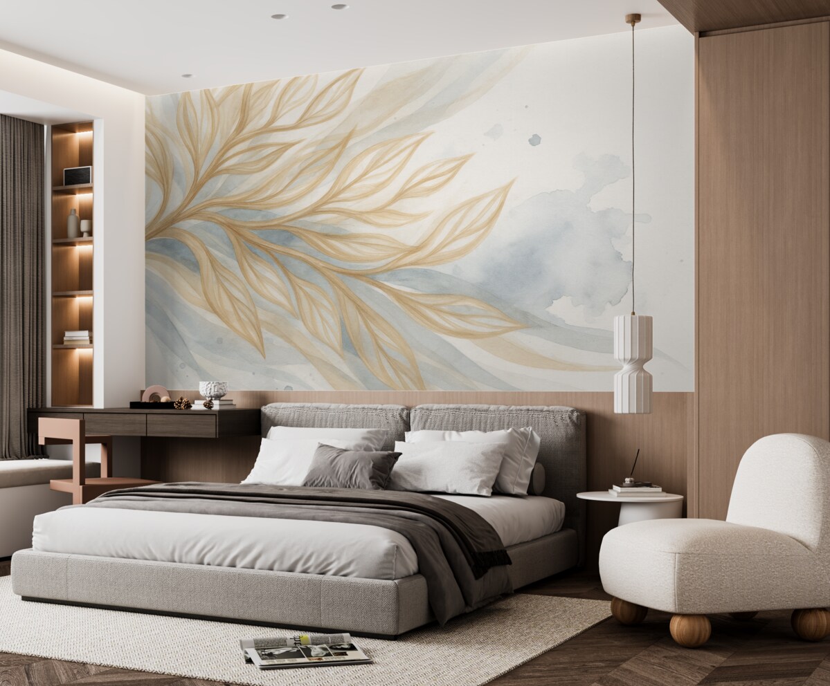 Fototapeta Abstrakcyjne żółte liście na niebieskim tle akwarelowym, miękkie oraz subtelne, organiczne formy, płynne kontury.