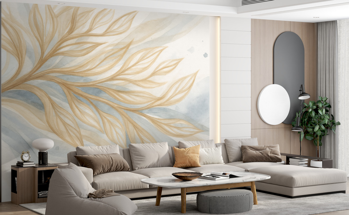 Fototapeta Abstrakcyjne żółte liście na niebieskim tle akwarelowym, miękkie oraz subtelne, organiczne formy, płynne kontury.