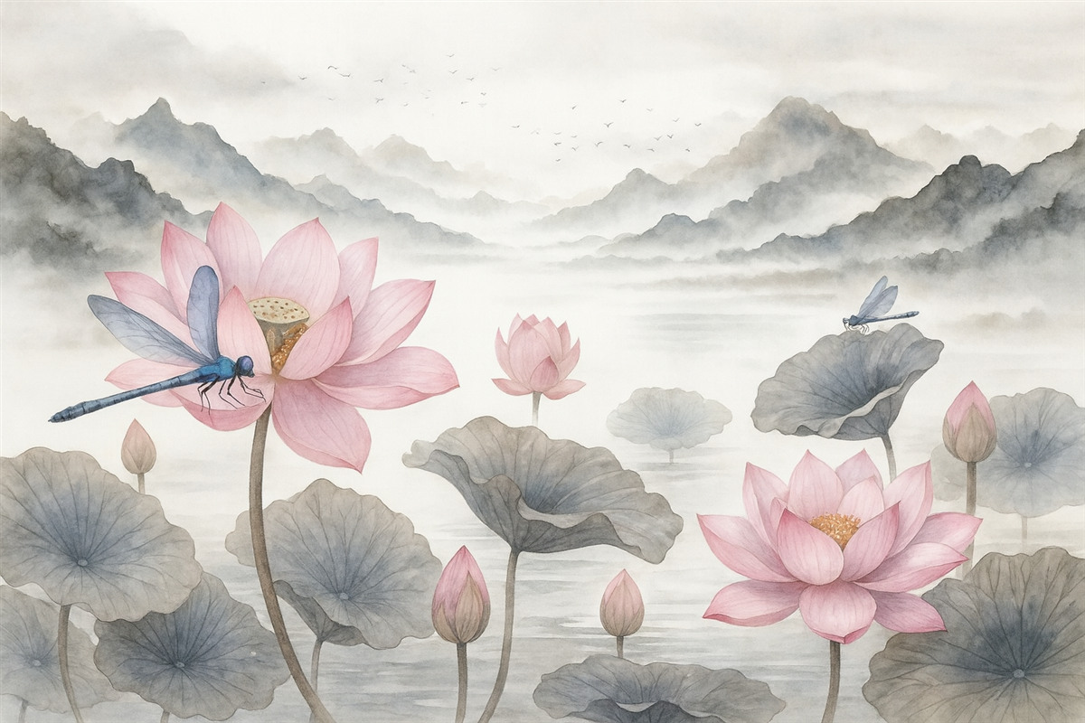 Fototapeta Krajobraz górski z ptakami w technice akwarelowej, z wodnymi liliami i ważkami na pierwszym planie.