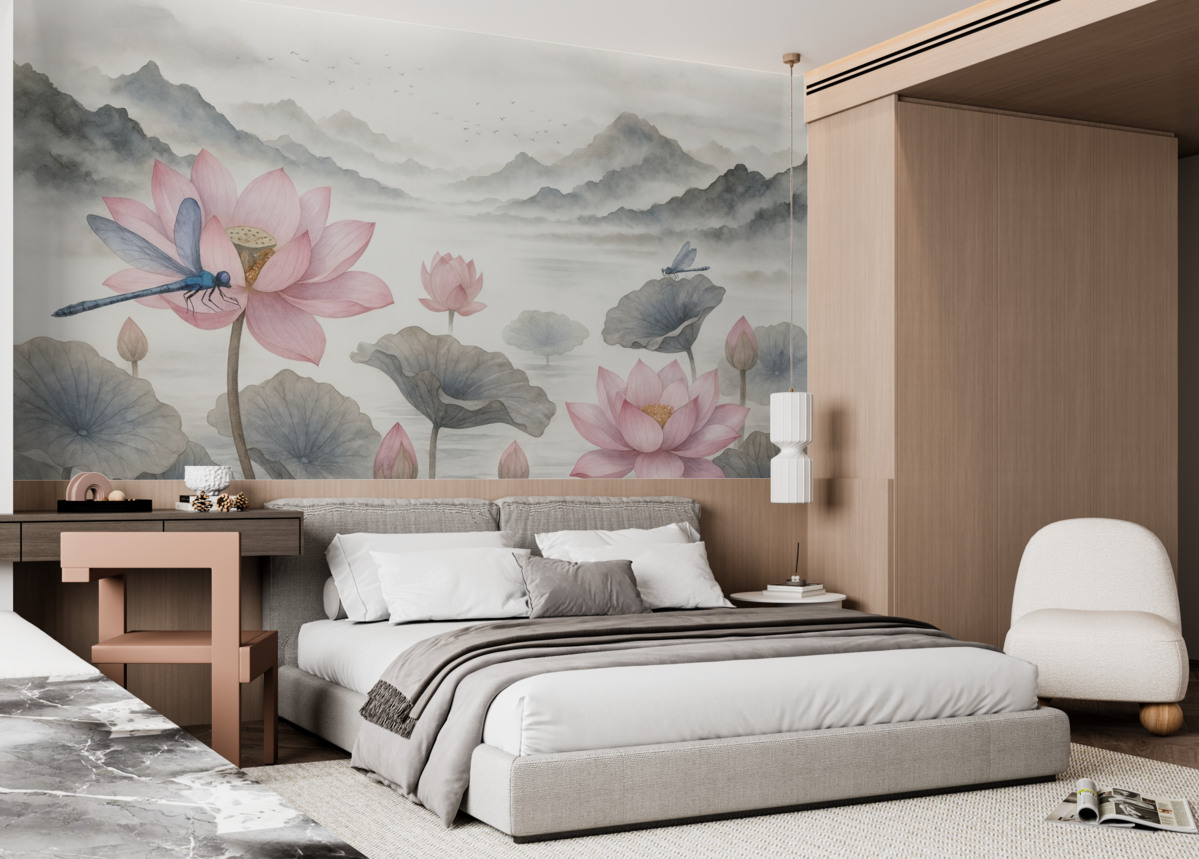 Fototapeta Krajobraz górski z ptakami w technice akwarelowej, z wodnymi liliami i ważkami na pierwszym planie.