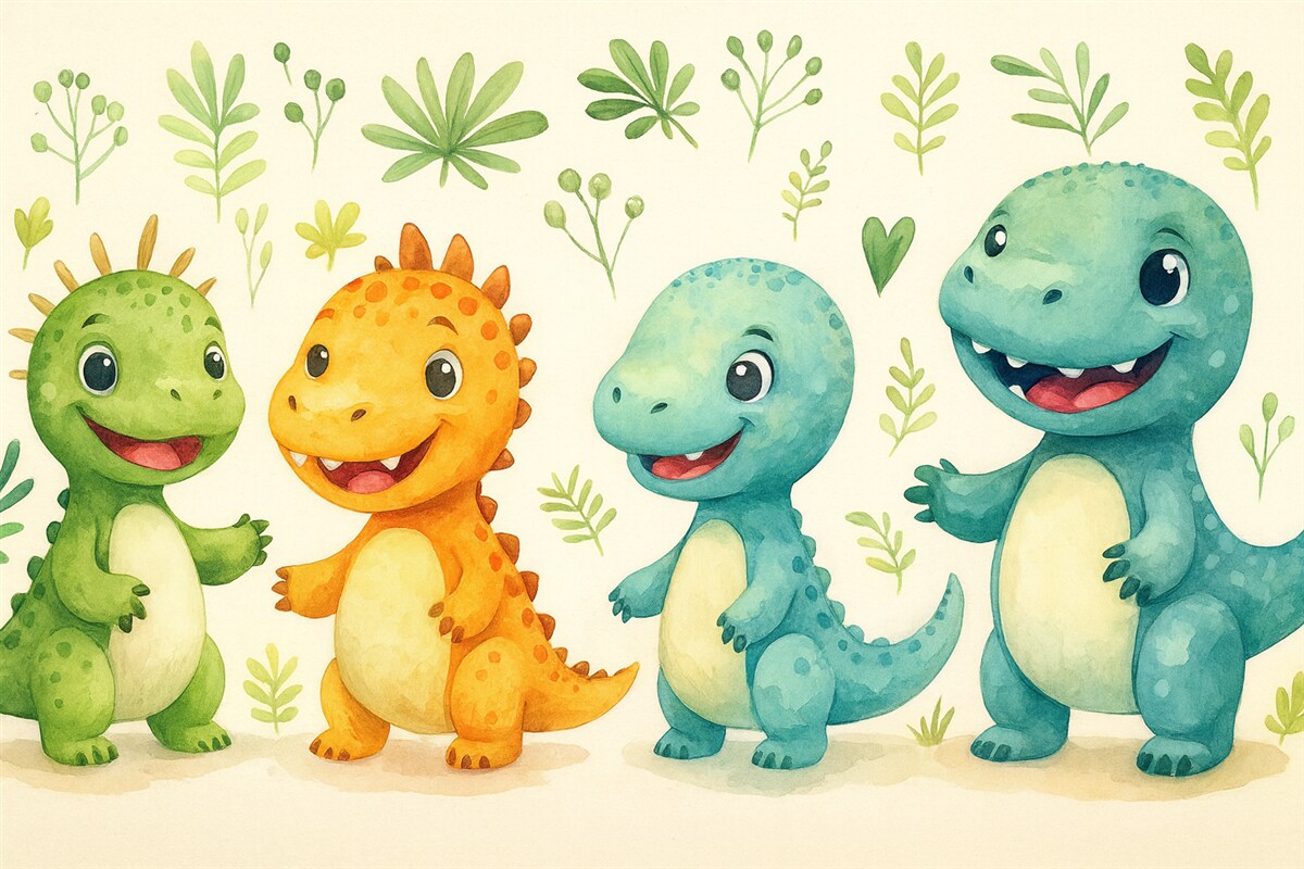 Fototapeta Czarujące dinozaury i rośliny w technice akwarelowej.