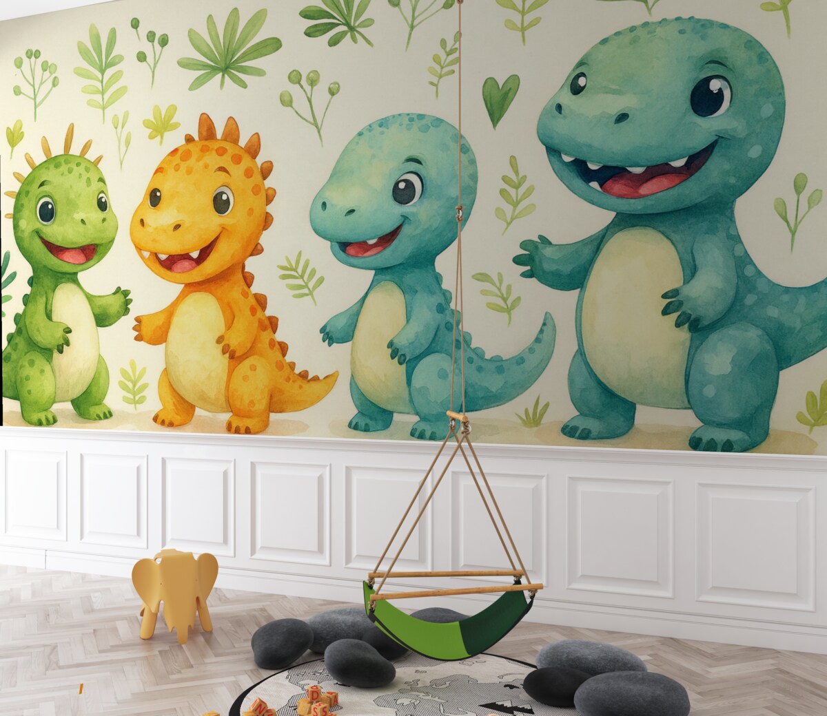 Fototapeta Czarujące dinozaury i rośliny w technice akwarelowej.