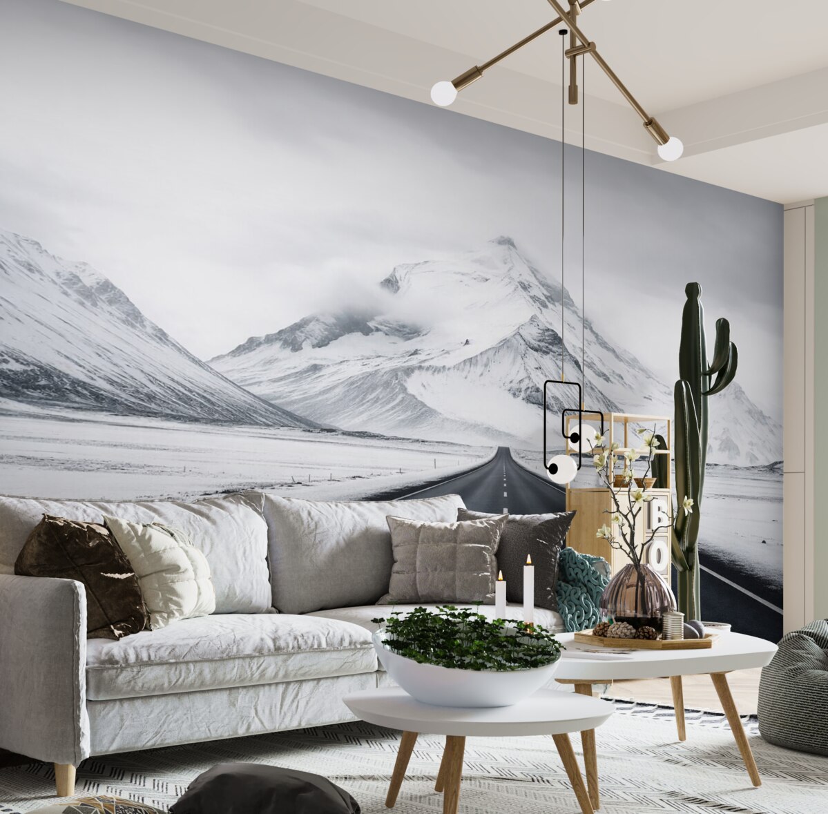 Fototapeta Czarno-biały pejzaż z trasą wiodącą w góry z delikatną mgłą.