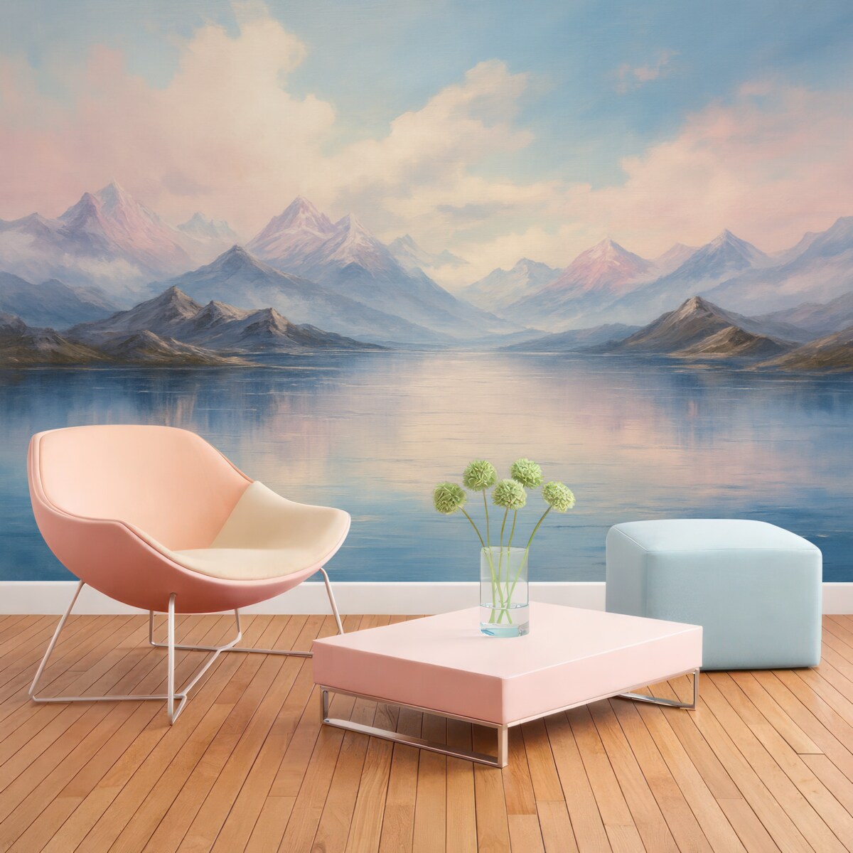 Fototapeta Malowniczy pejzaż w stylu malarskim w tonacjach różu i błękitu, z górami, stawem i chmurami.