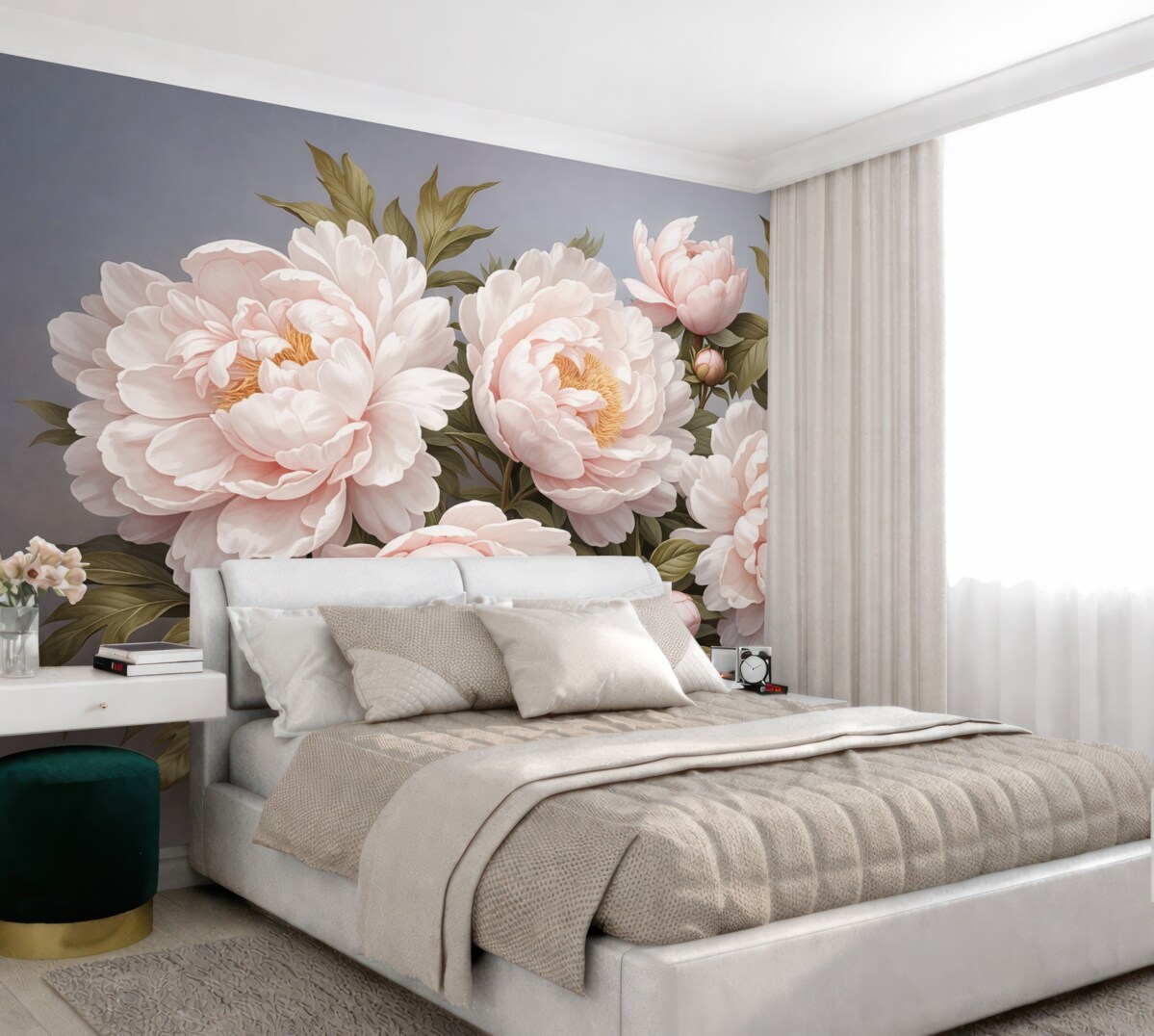 Fototapeta Subtelne różowe piwonie z liśćmi na błękitnym tle.