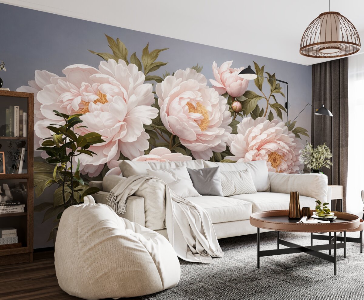 Fototapeta Subtelne różowe piwonie z liśćmi na błękitnym tle.