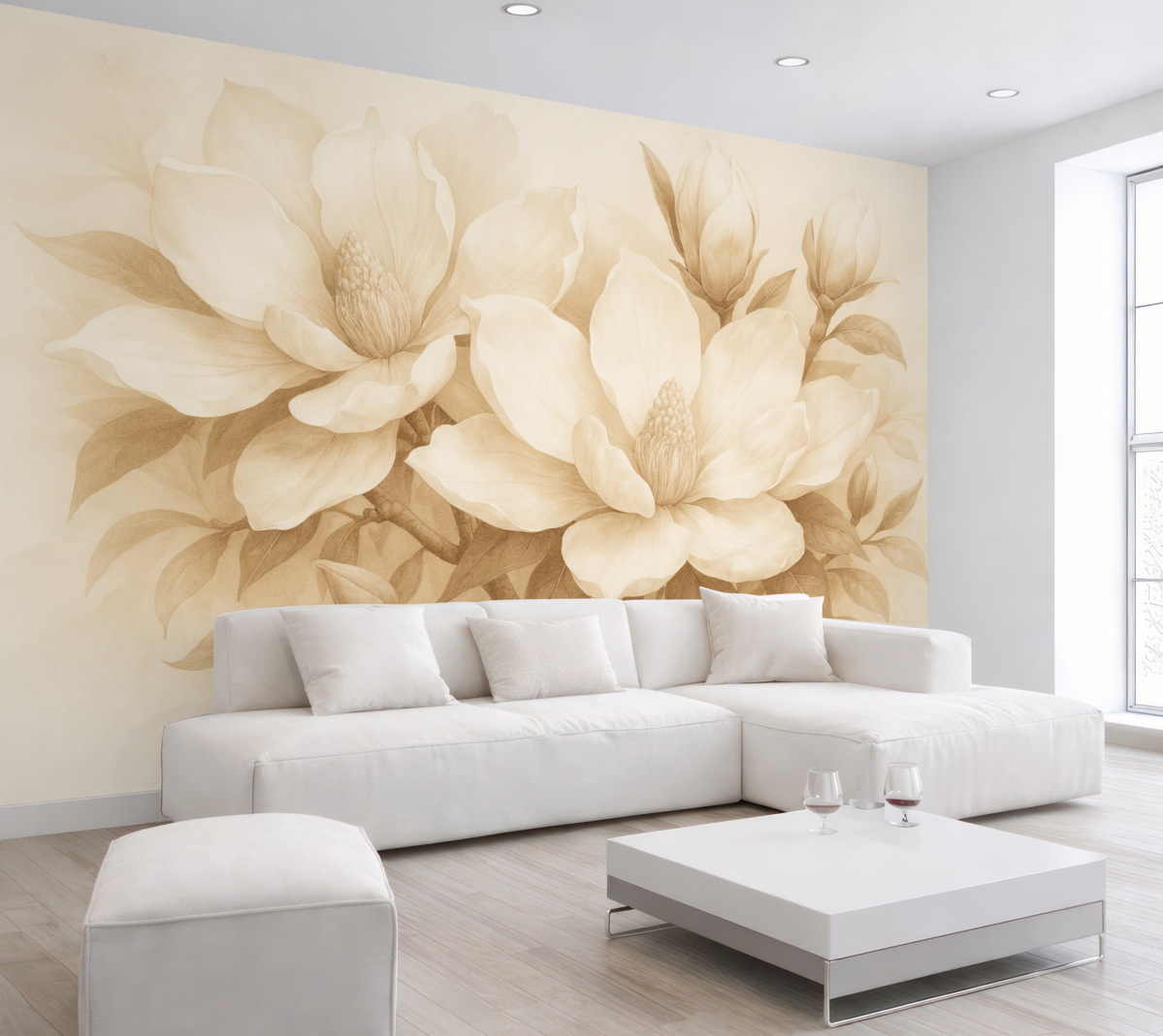 Fototapeta Kwiaty magnolii z białymi oraz beżowymi płatkami, liśćmi i brązowymi gałązkami, miękki i subtelny styl akwareli.