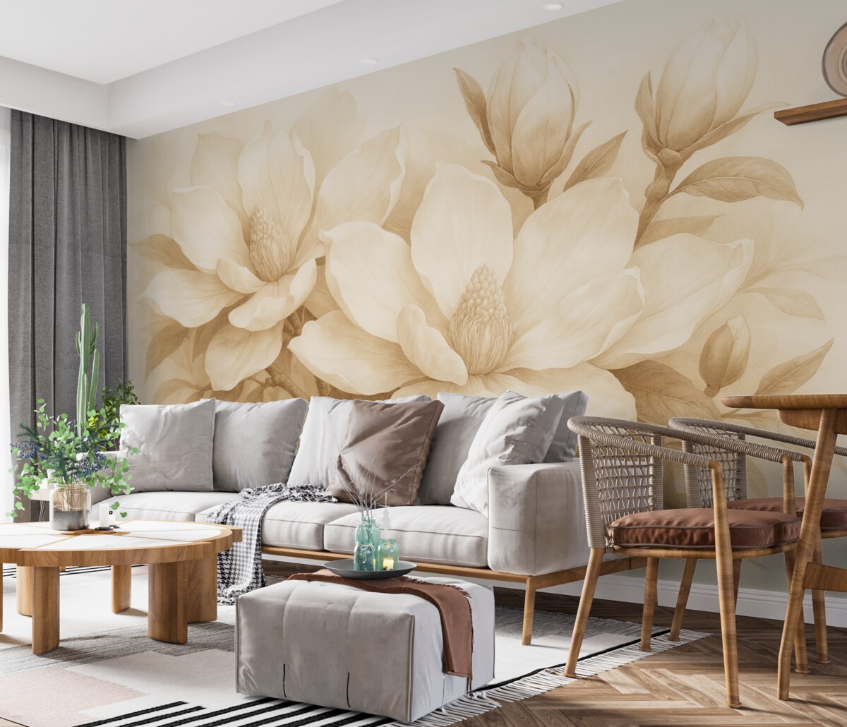 Fototapeta Kwiaty magnolii z białymi oraz beżowymi płatkami, liśćmi i brązowymi gałązkami, miękki i subtelny styl akwareli.