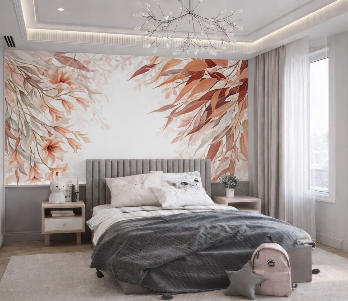 Fototapeta Liście eukaliptusa w kolorach bordo, beżu oraz bieli z subtelnymi kwiatami i gałązkami na jasnym tle.