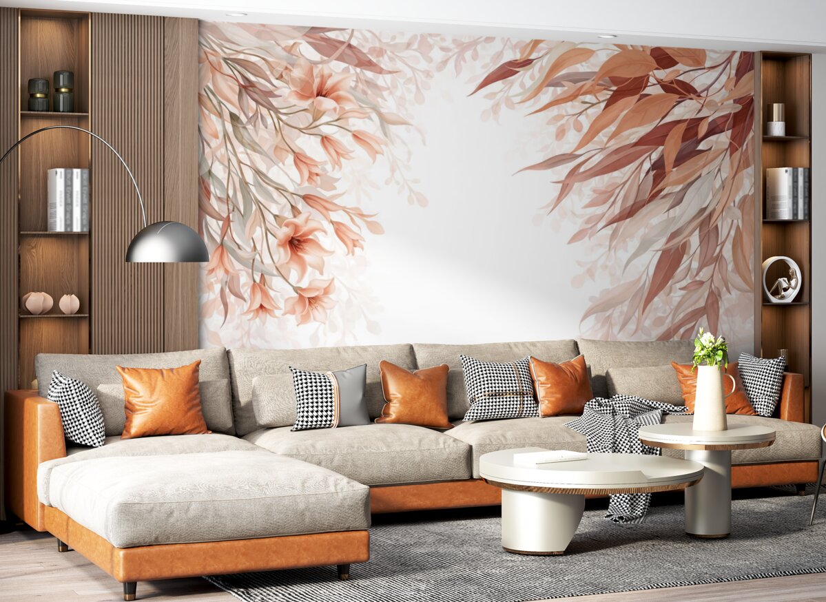 Fototapeta Liście eukaliptusa w kolorach bordo, beżu oraz bieli z subtelnymi kwiatami i gałązkami na jasnym tle.