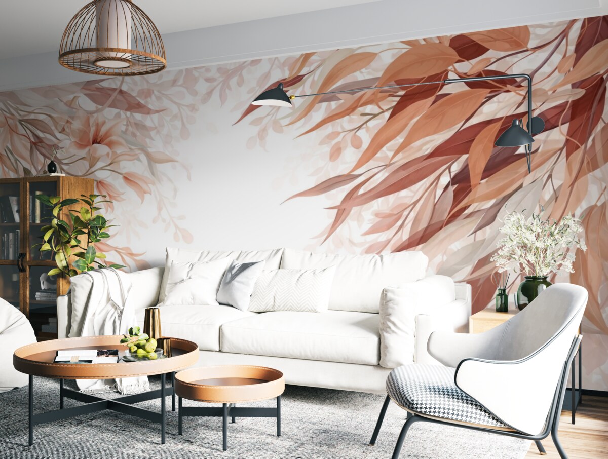 Fototapeta Liście eukaliptusa w kolorach bordo, beżu oraz bieli z subtelnymi kwiatami i gałązkami na jasnym tle.