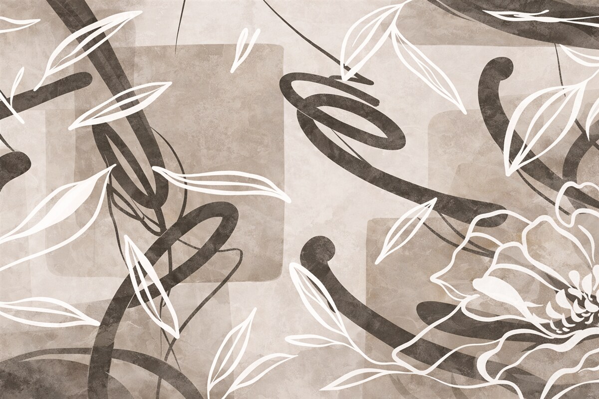 Fototapeta Abstrakcyjny, teksturowany, współczesny i minimalistyczny styl z akcentami kwiatowymi w neutralnej beżowej kolorystyce.