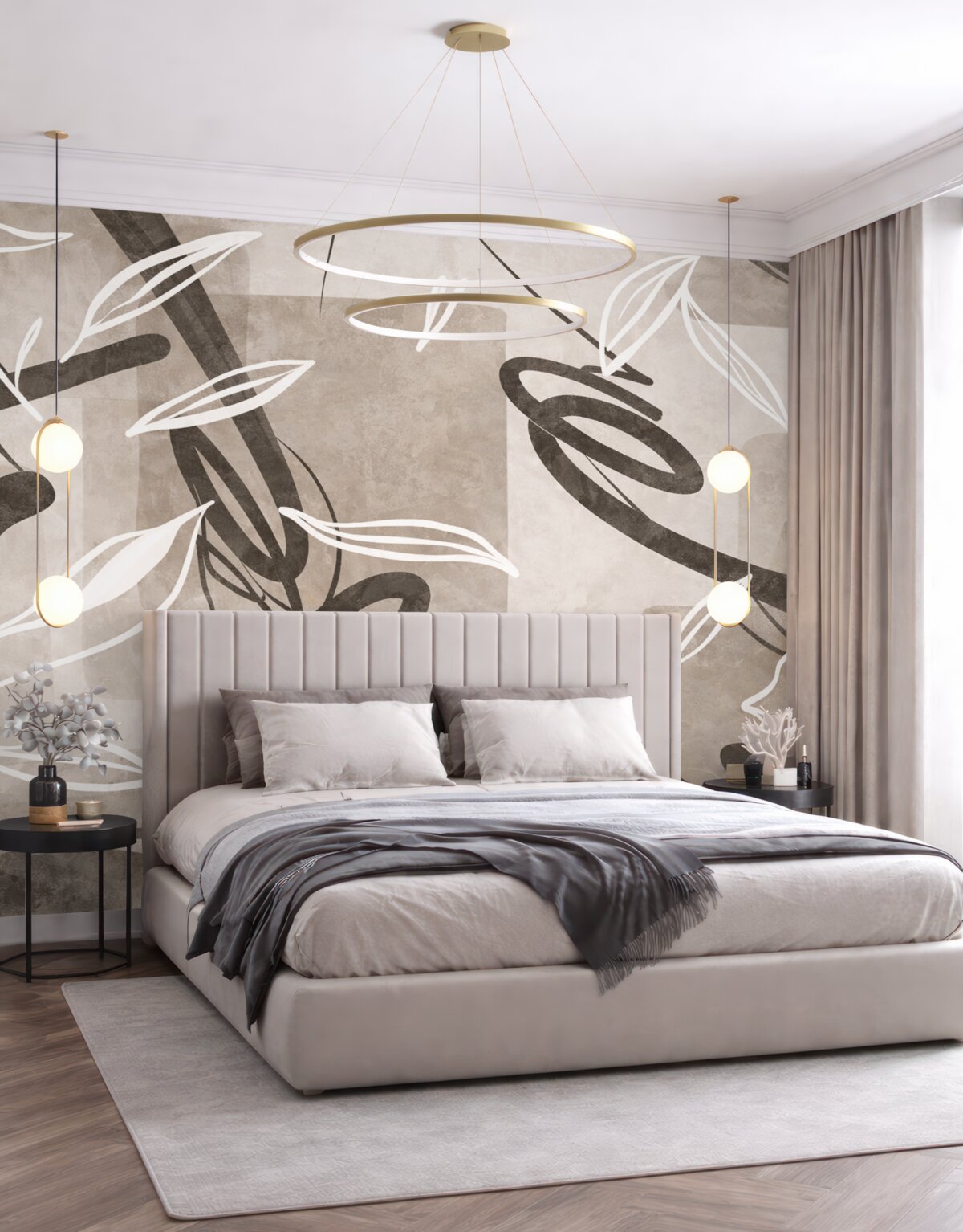 Fototapeta Abstrakcyjny, teksturowany, współczesny i minimalistyczny styl z akcentami kwiatowymi w neutralnej beżowej kolorystyce.