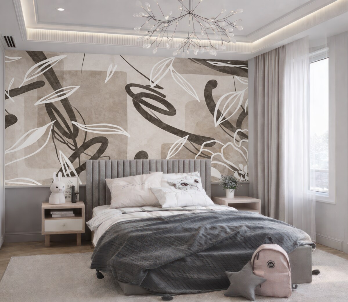 Fototapeta Abstrakcyjny, teksturowany, współczesny i minimalistyczny styl z akcentami kwiatowymi w neutralnej beżowej kolorystyce.