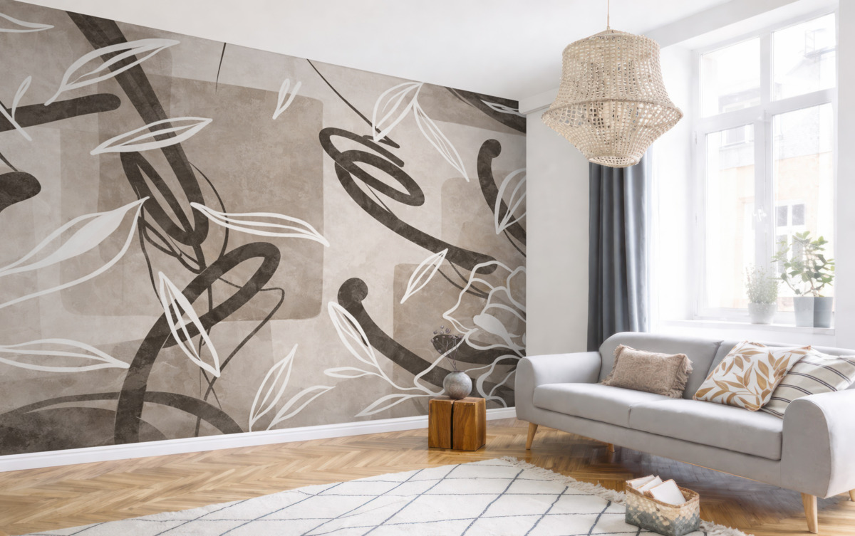 Fototapeta Abstrakcyjny, teksturowany, współczesny i minimalistyczny styl z akcentami kwiatowymi w neutralnej beżowej kolorystyce.