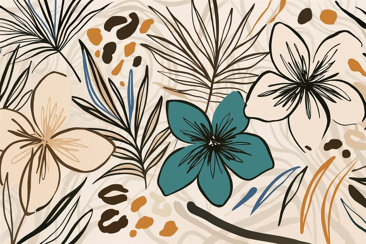 Fototapeta Nowoczesny abstrakcyjny wzór z tropikalnymi liśćmi palmowymi, błękitnymi i beżowymi kwiatami, ciemnymi liniami oraz jasnym tłem.
