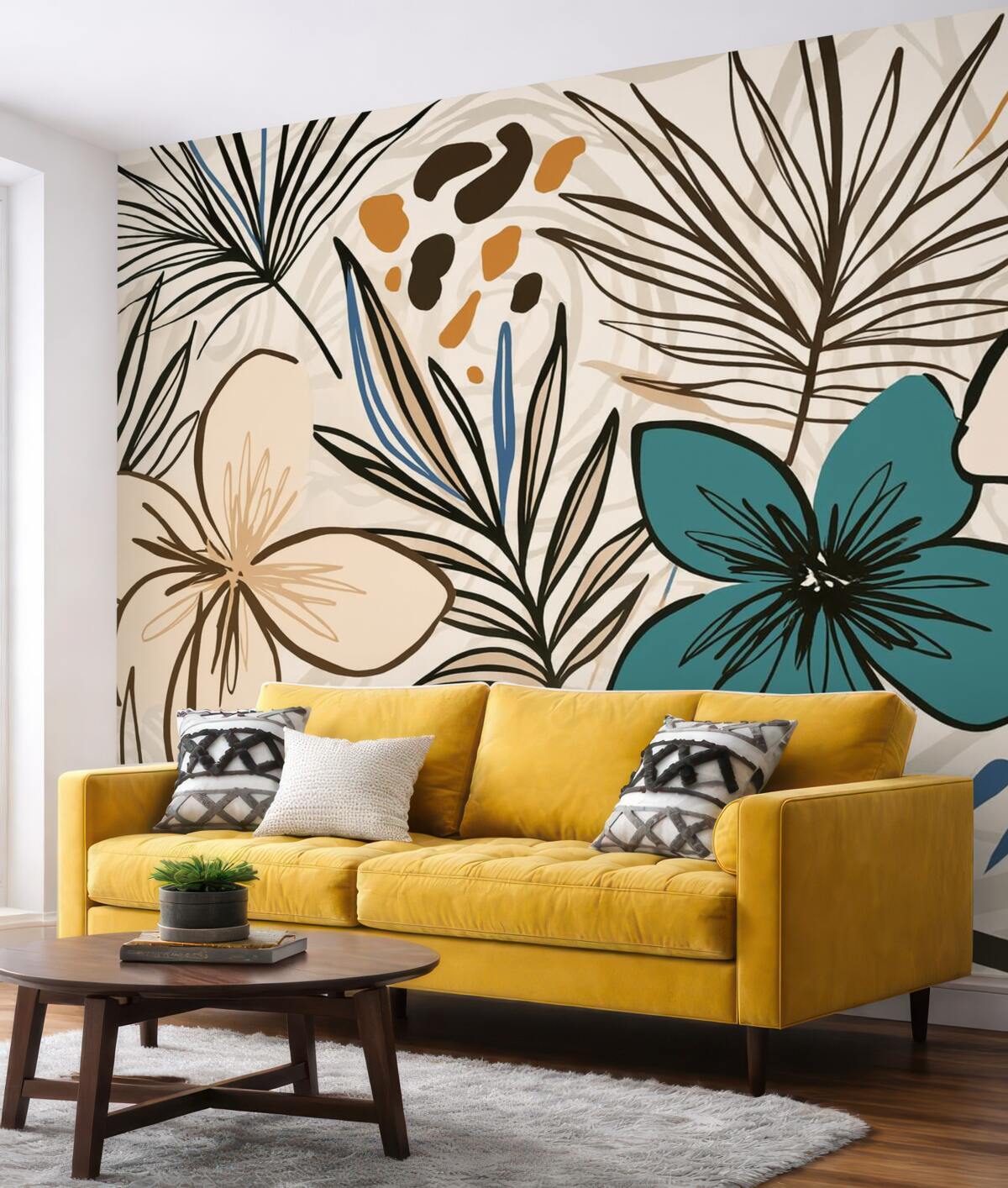 Fototapeta Nowoczesny abstrakcyjny wzór z tropikalnymi liśćmi palmowymi, błękitnymi i beżowymi kwiatami, ciemnymi liniami oraz jasnym tłem.