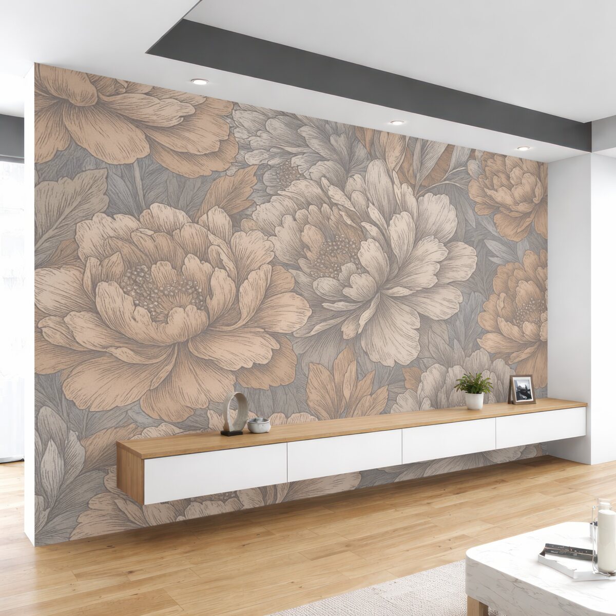 Fototapeta Kwiaty piwonii z dokładnymi płatkami i pręcikami, subtelne pastelowe odcienie, styl ilustracji botanicznej retro.