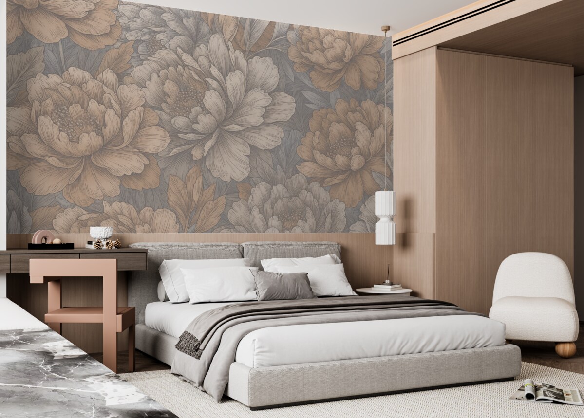 Fototapeta Kwiaty piwonii z dokładnymi płatkami i pręcikami, subtelne pastelowe odcienie, styl ilustracji botanicznej retro.