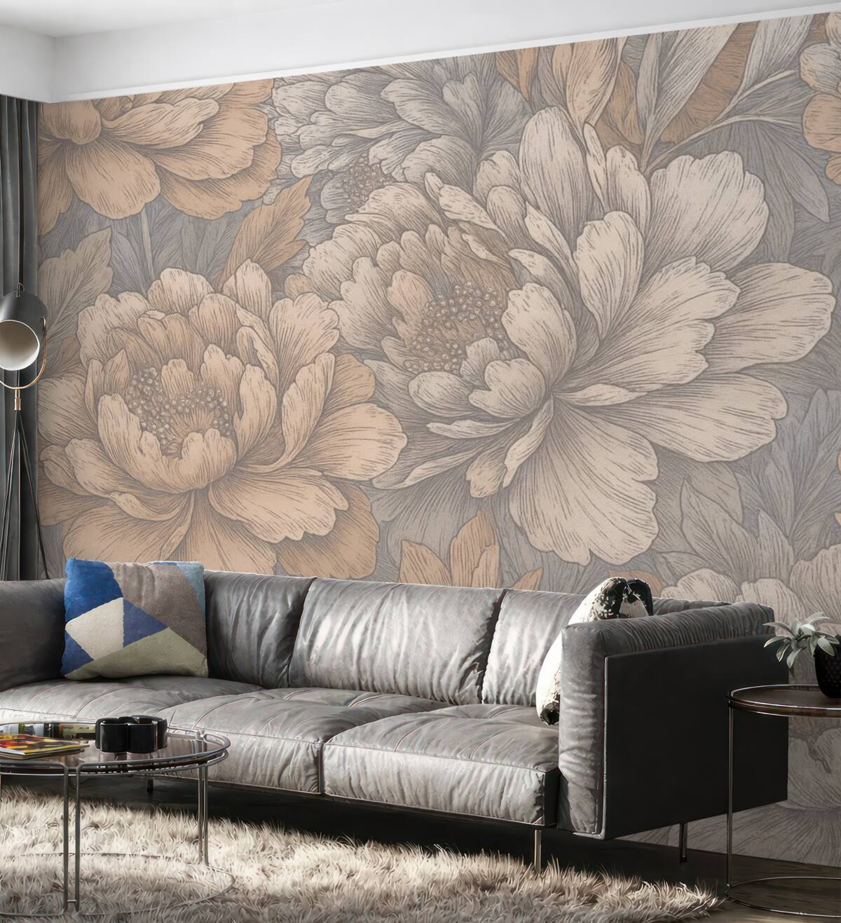 Fototapeta Kwiaty piwonii z dokładnymi płatkami i pręcikami, subtelne pastelowe odcienie, styl ilustracji botanicznej retro.