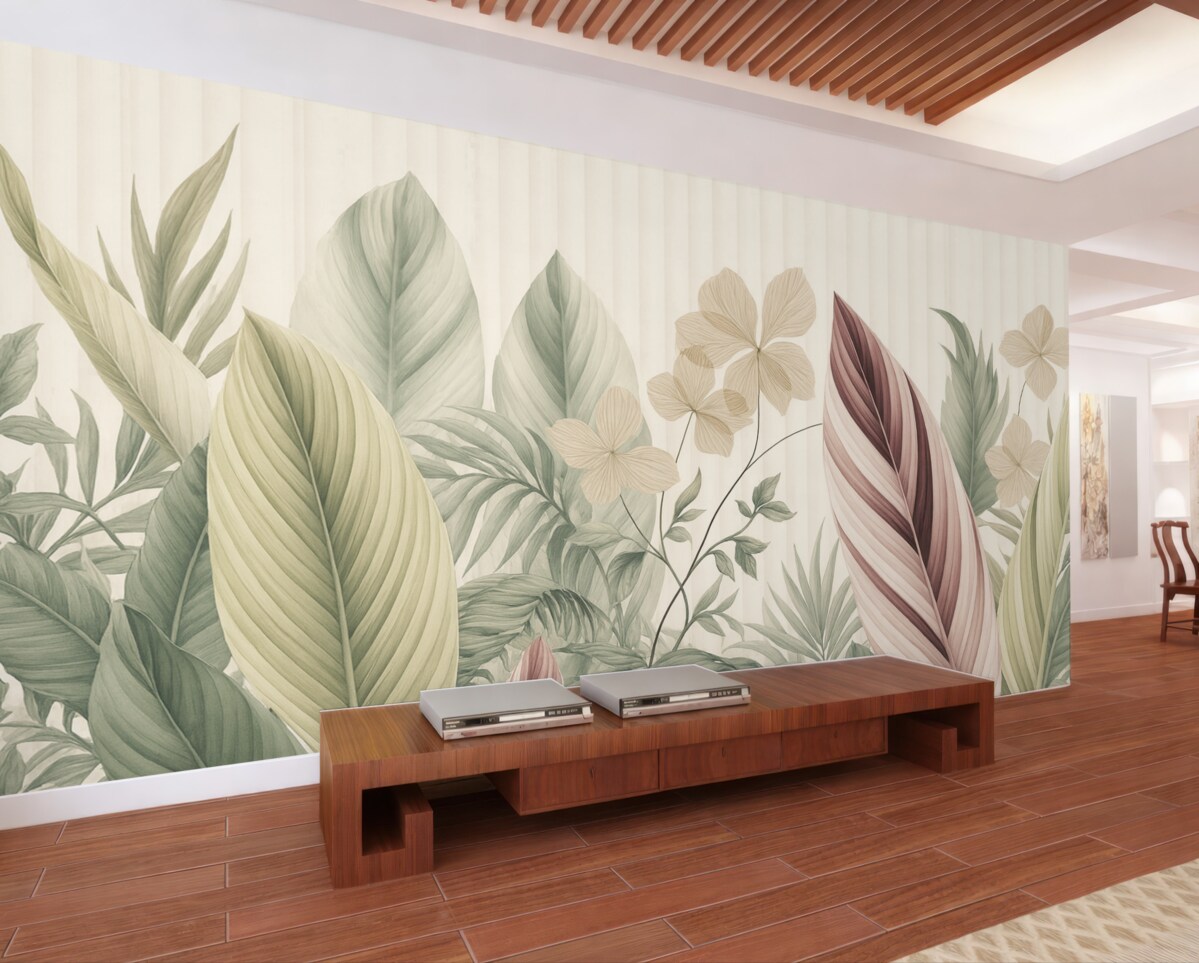 Fototapeta Tropikalne liście w subtelnych pastelowych odcieniach, jasnozielonym, jasnoróżowym i jasnobrązowym, pionowe pasy w tle.