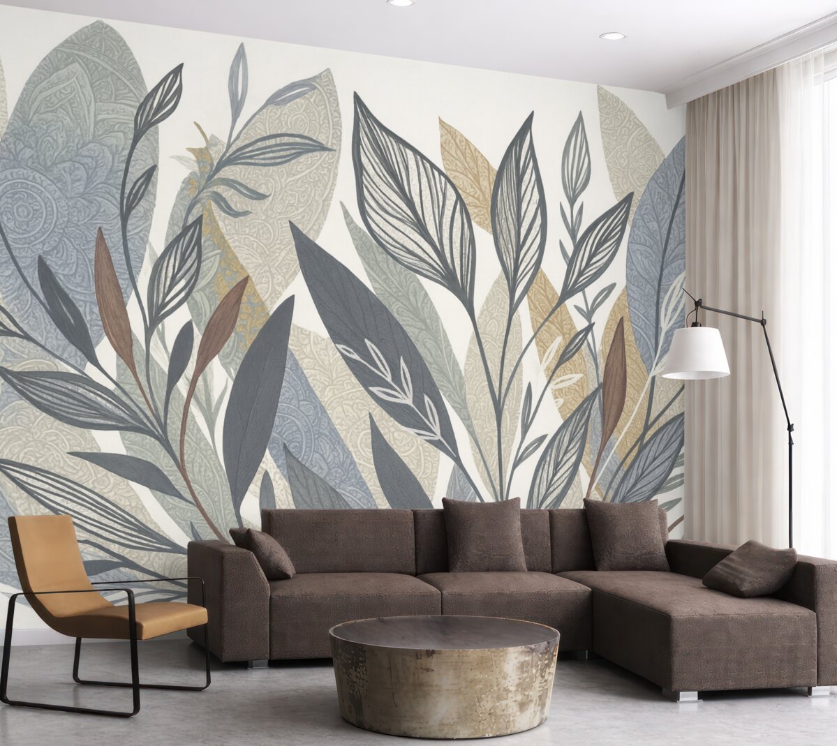 Fototapeta Zbiór liści w różnych odcieniach i wielkościach, niektóre z rysunkiem konturowym, na jasnym tle.