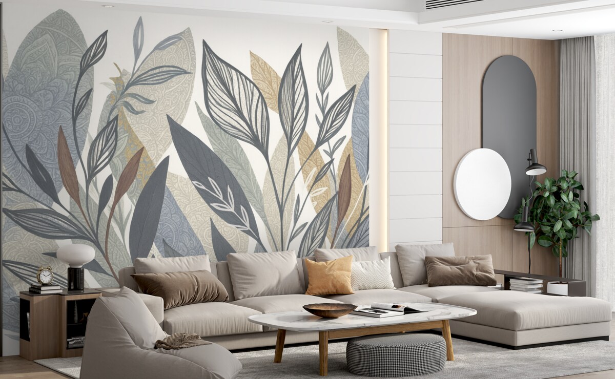 Fototapeta Zbiór liści w różnych odcieniach i wielkościach, niektóre z rysunkiem konturowym, na jasnym tle.