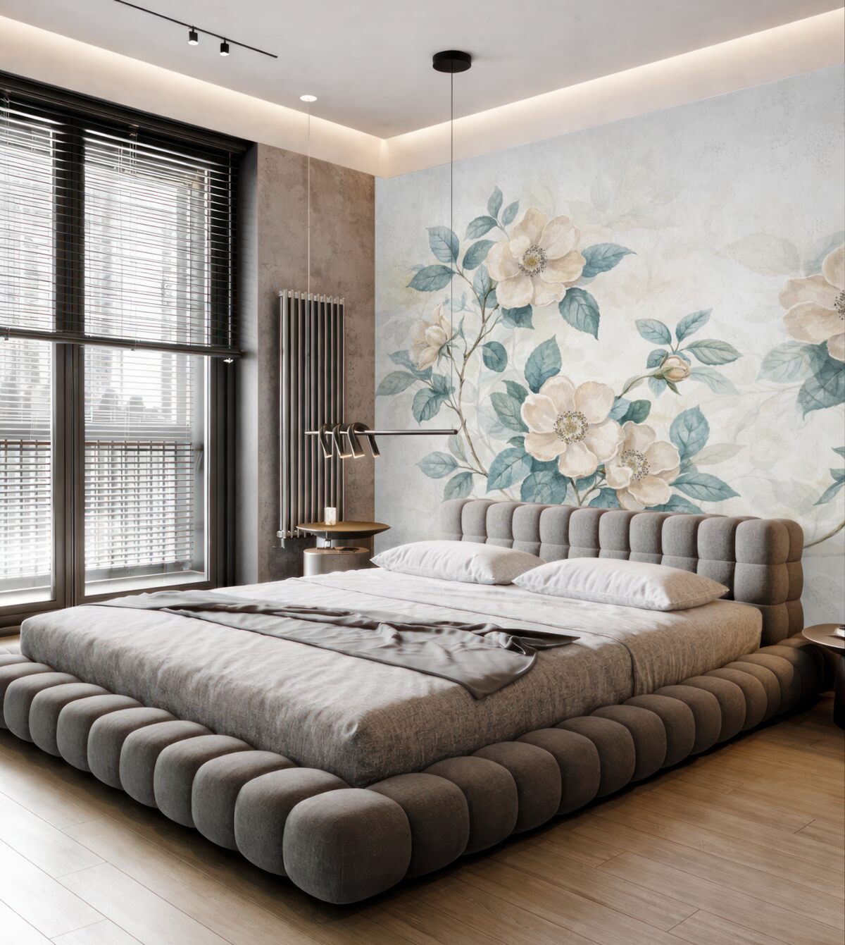 Fototapeta Kwiaty w subtelnym akwarelowym stylu z białymi i kremowymi płatkami oraz zielonymi liśćmi na gałązce, jasne tło.