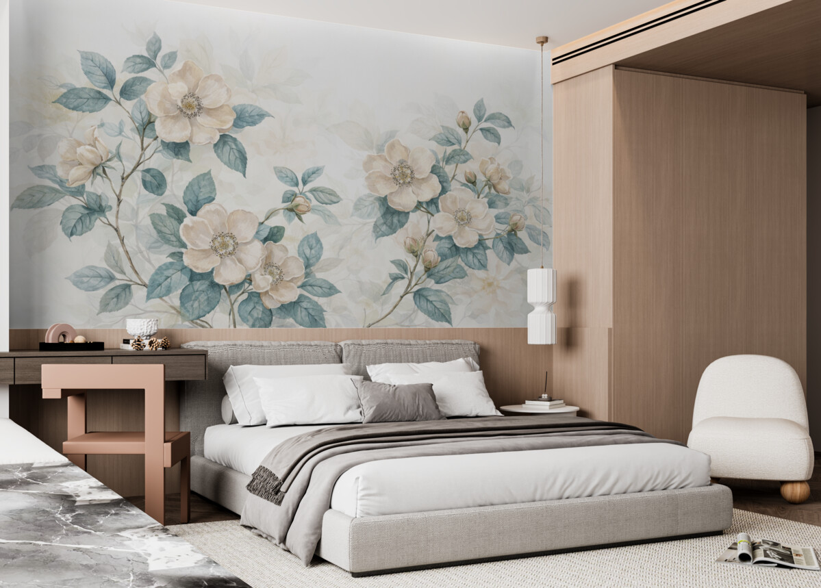 Fototapeta Kwiaty w subtelnym akwarelowym stylu z białymi i kremowymi płatkami oraz zielonymi liśćmi na gałązce, jasne tło.