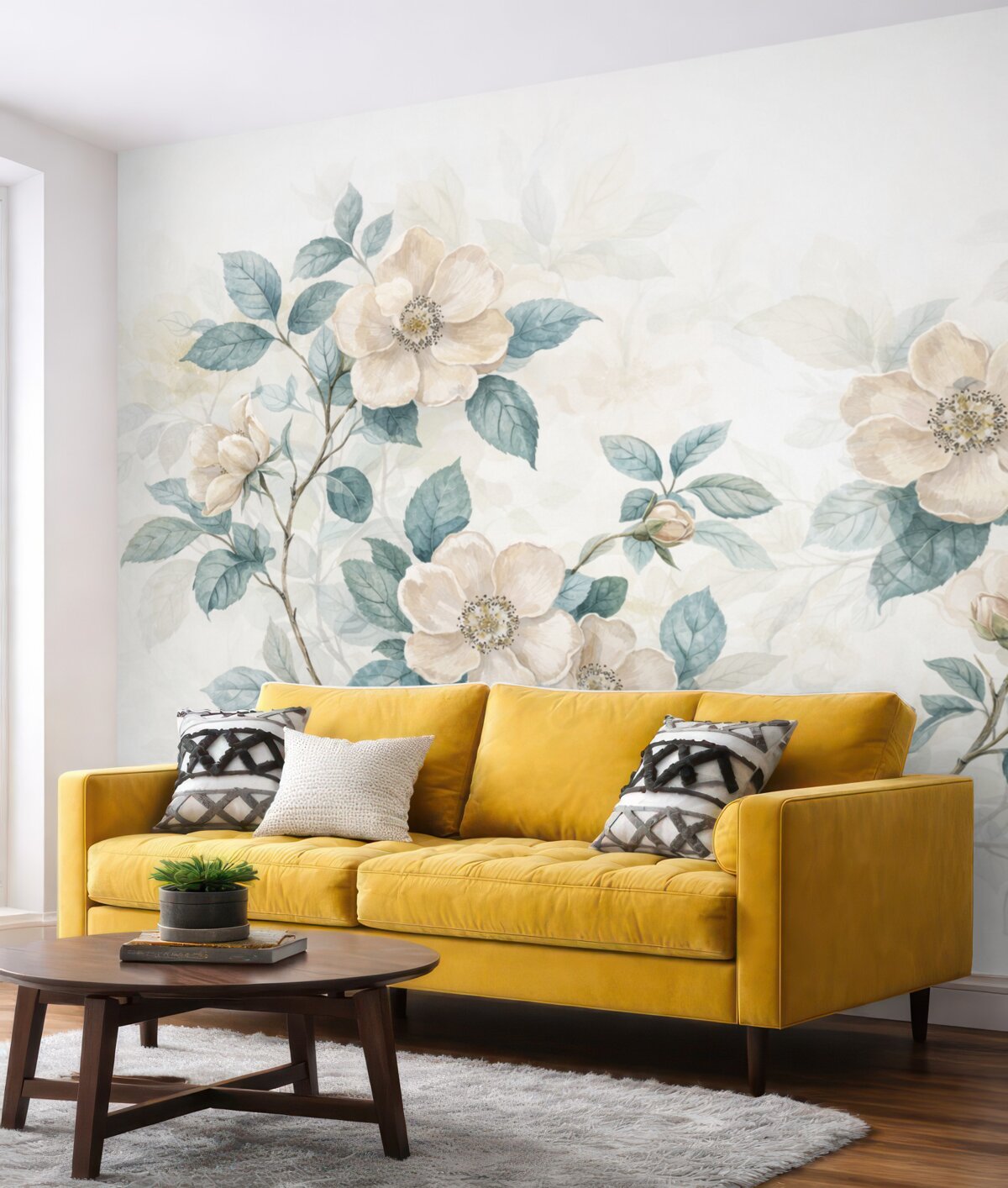 Fototapeta Kwiaty w subtelnym akwarelowym stylu z białymi i kremowymi płatkami oraz zielonymi liśćmi na gałązce, jasne tło.