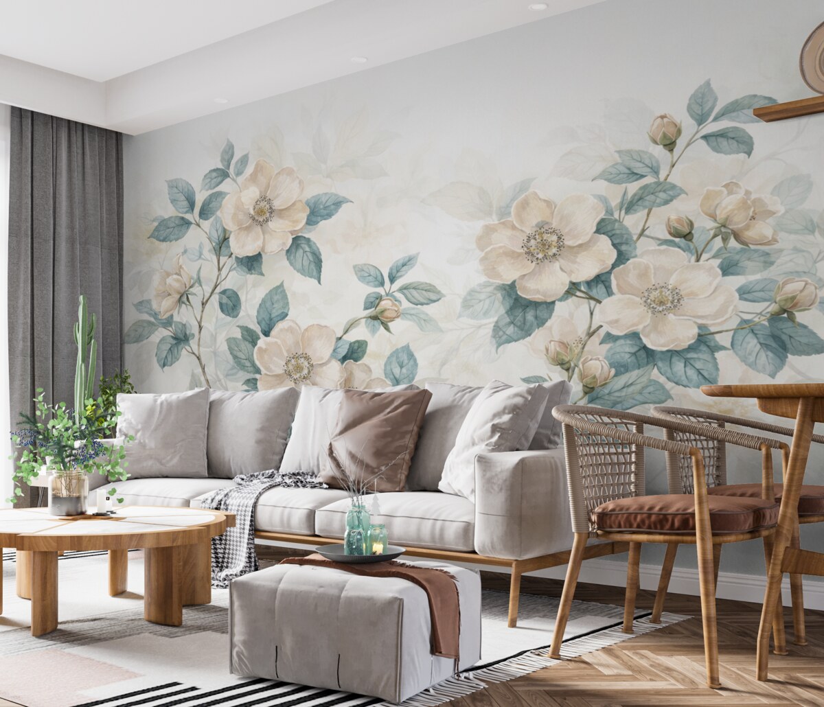 Fototapeta Kwiaty w subtelnym akwarelowym stylu z białymi i kremowymi płatkami oraz zielonymi liśćmi na gałązce, jasne tło.