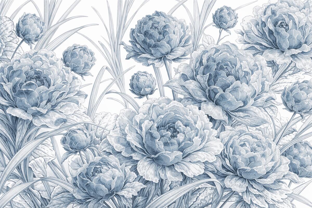 Fototapeta Niebieskie piwonie z zielonymi liśćmi na jasnym tle, florystyczny wzór, obrazek botaniczny.