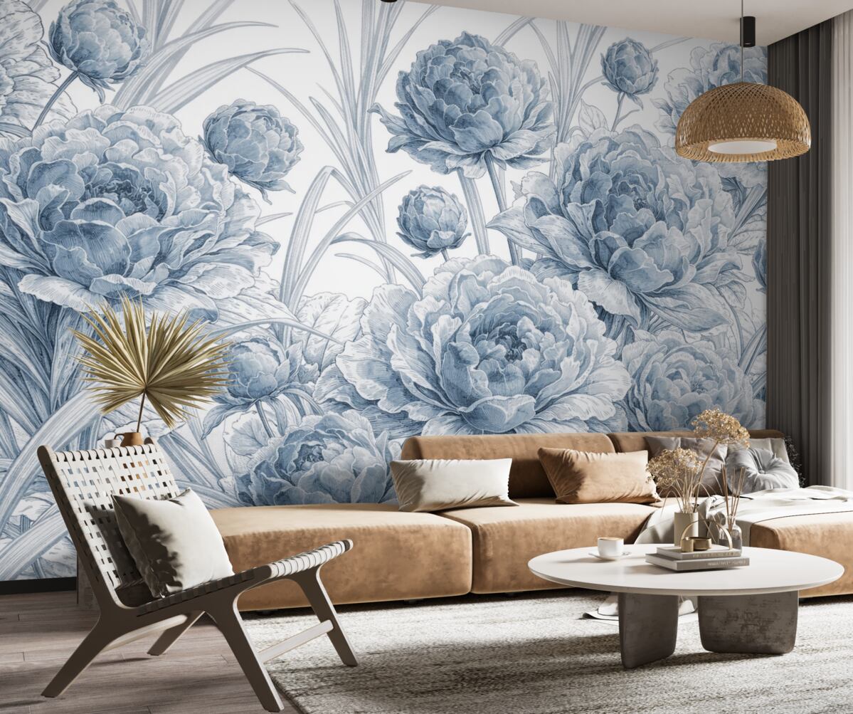 Fototapeta Niebieskie piwonie z zielonymi liśćmi na jasnym tle, florystyczny wzór, obrazek botaniczny.