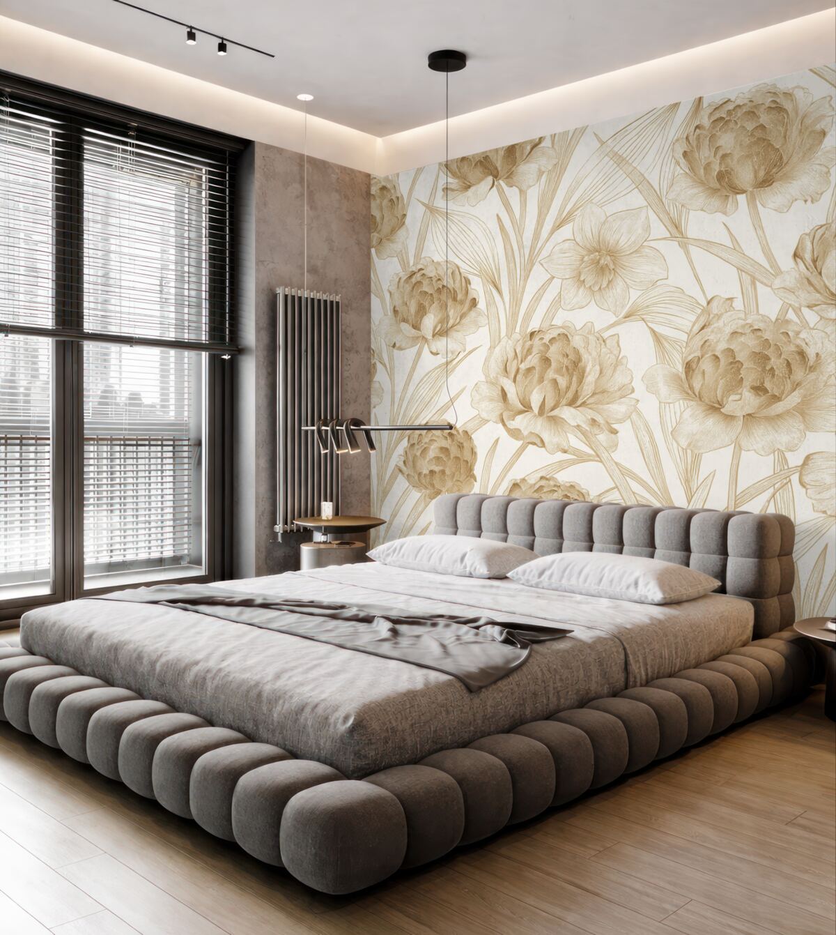 Fototapeta Beżowe piwonie z zielonymi liśćmi na jasnym tle, kwiecisty wzór, ilustracja roślinna.