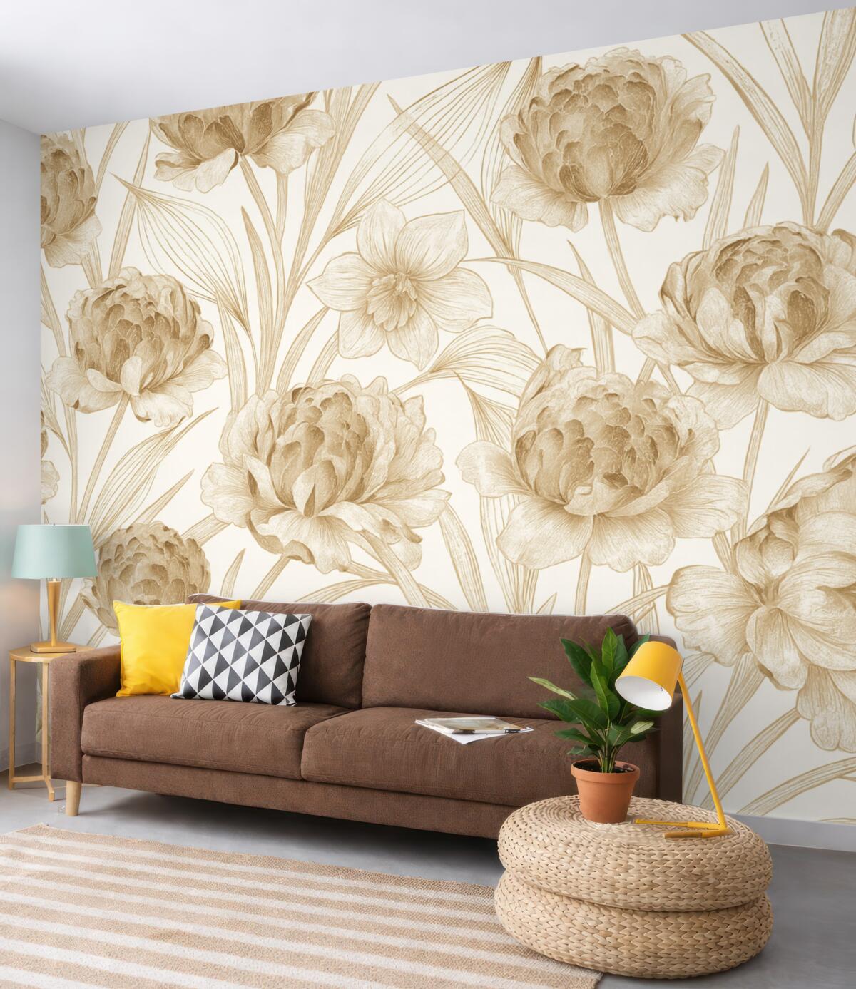 Fototapeta Beżowe piwonie z zielonymi liśćmi na jasnym tle, kwiecisty wzór, ilustracja roślinna.