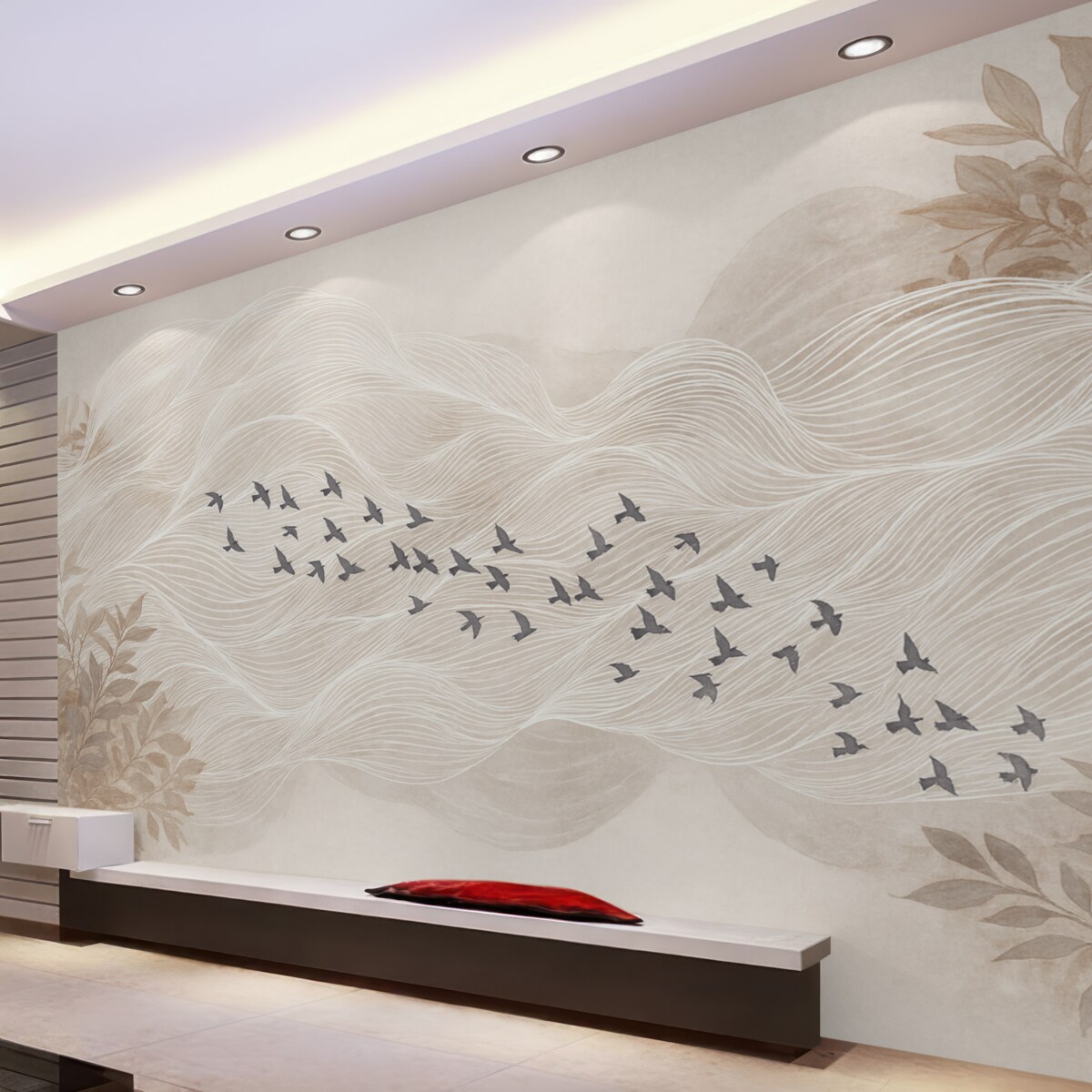 Fototapeta Grupa ptaków unoszących się nad abstrakcyjnym pejzażem z fakturowanymi beżowymi falami, subtelne odcienie, oszczędny projekt.