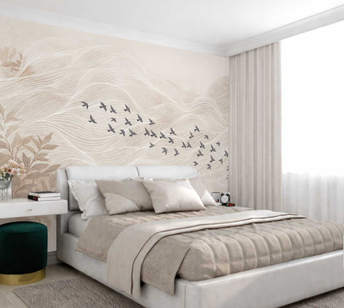 Fototapeta Grupa ptaków unoszących się nad abstrakcyjnym pejzażem z fakturowanymi beżowymi falami, subtelne odcienie, oszczędny projekt.