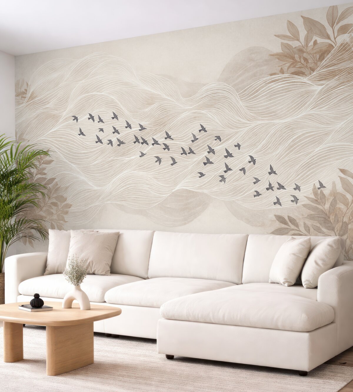 Fototapeta Grupa ptaków unoszących się nad abstrakcyjnym pejzażem z fakturowanymi beżowymi falami, subtelne odcienie, oszczędny projekt.