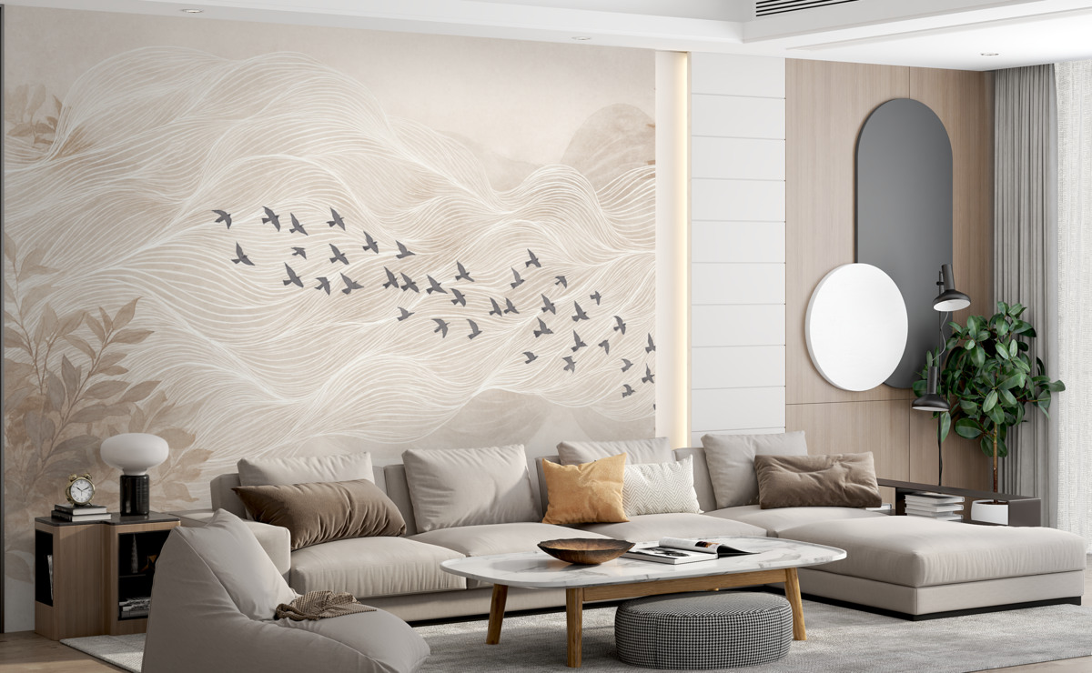 Fototapeta Grupa ptaków unoszących się nad abstrakcyjnym pejzażem z fakturowanymi beżowymi falami, subtelne odcienie, oszczędny projekt.