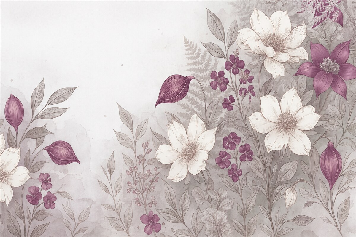 Fototapeta Kwiaty o białych i fioletowych płatkach, z liśćmi oraz łodygami, efekt akwareli, jasnoszare tło z fakturą.